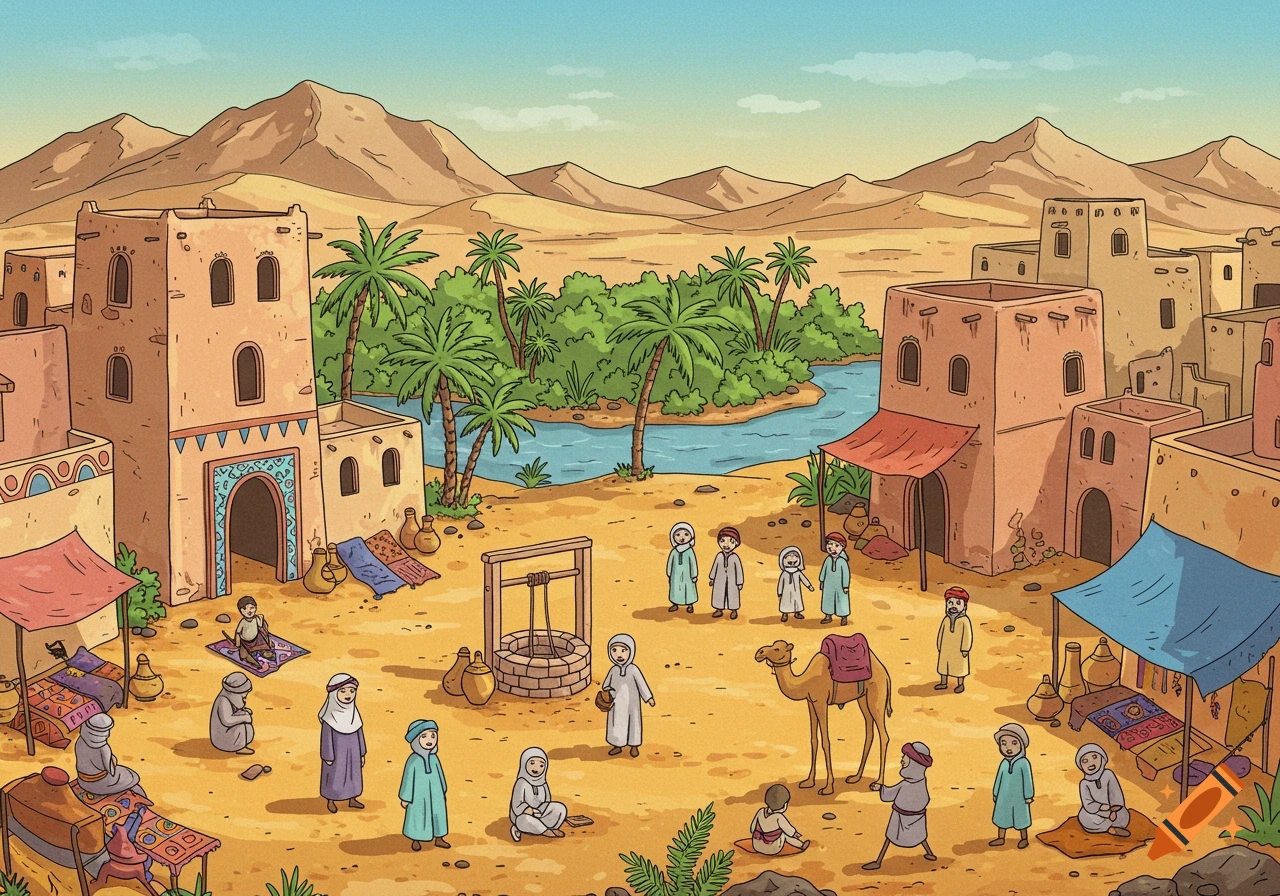 Drawing of a desert village scene with people, camel, oasis, and mountains in the background.
