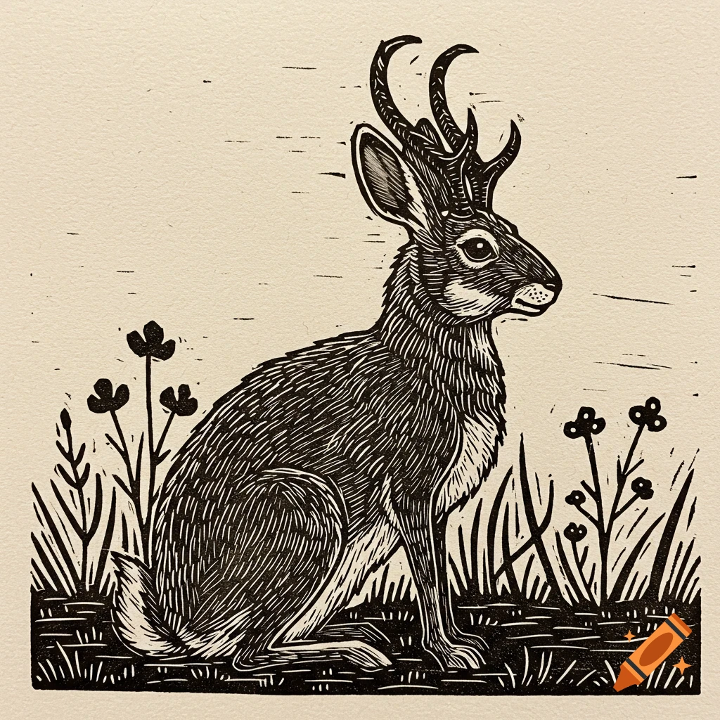 Woodblock print of a jackalope sitting in grass.