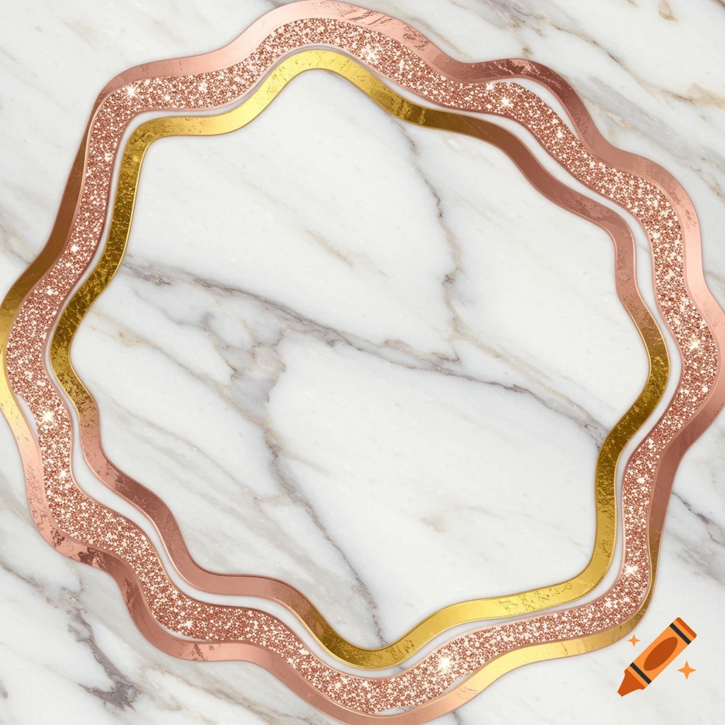 A wavy gold and rose gold glitter frame on a white marble background.