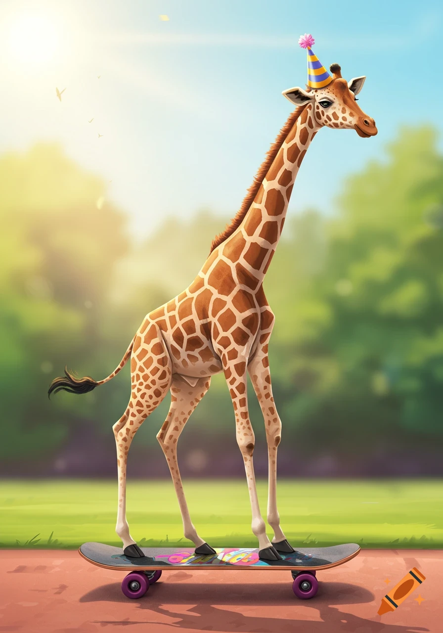 Illustration of a giraffe on a skateboard wearing a party hat in a park.