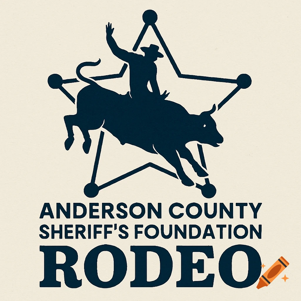 Logo with a cowboy riding a bull silhouette inside a sheriff's star outline, text below reads 'Anderson County Sheriff's Foundation Rodeo'.