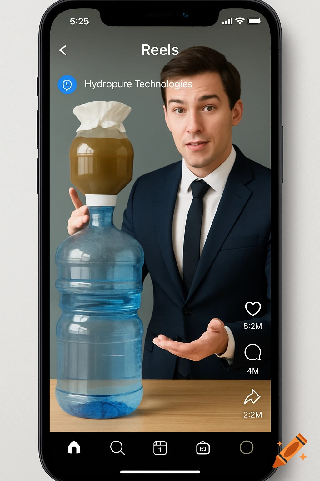 A man presents a DIY water filter on a phone screen showing an Instagram Reel.