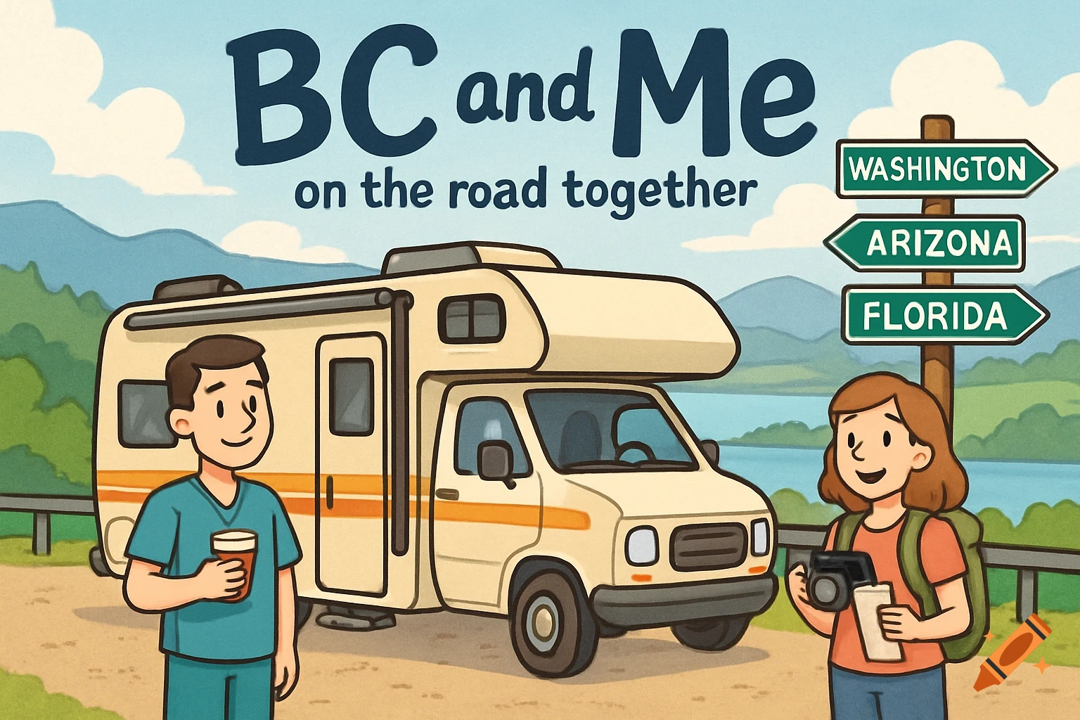 Cartoon of a man and woman with an RV and destination signs. Text says 'BC and Me on the road together'.