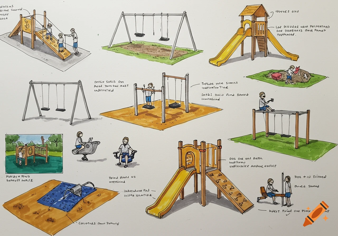Paper with hand-drawn sketches of playground equipment and children playing.