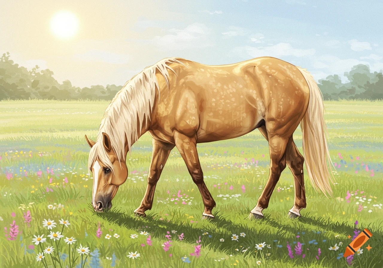 A palomino horse grazes in a sunny field filled with wildflowers.