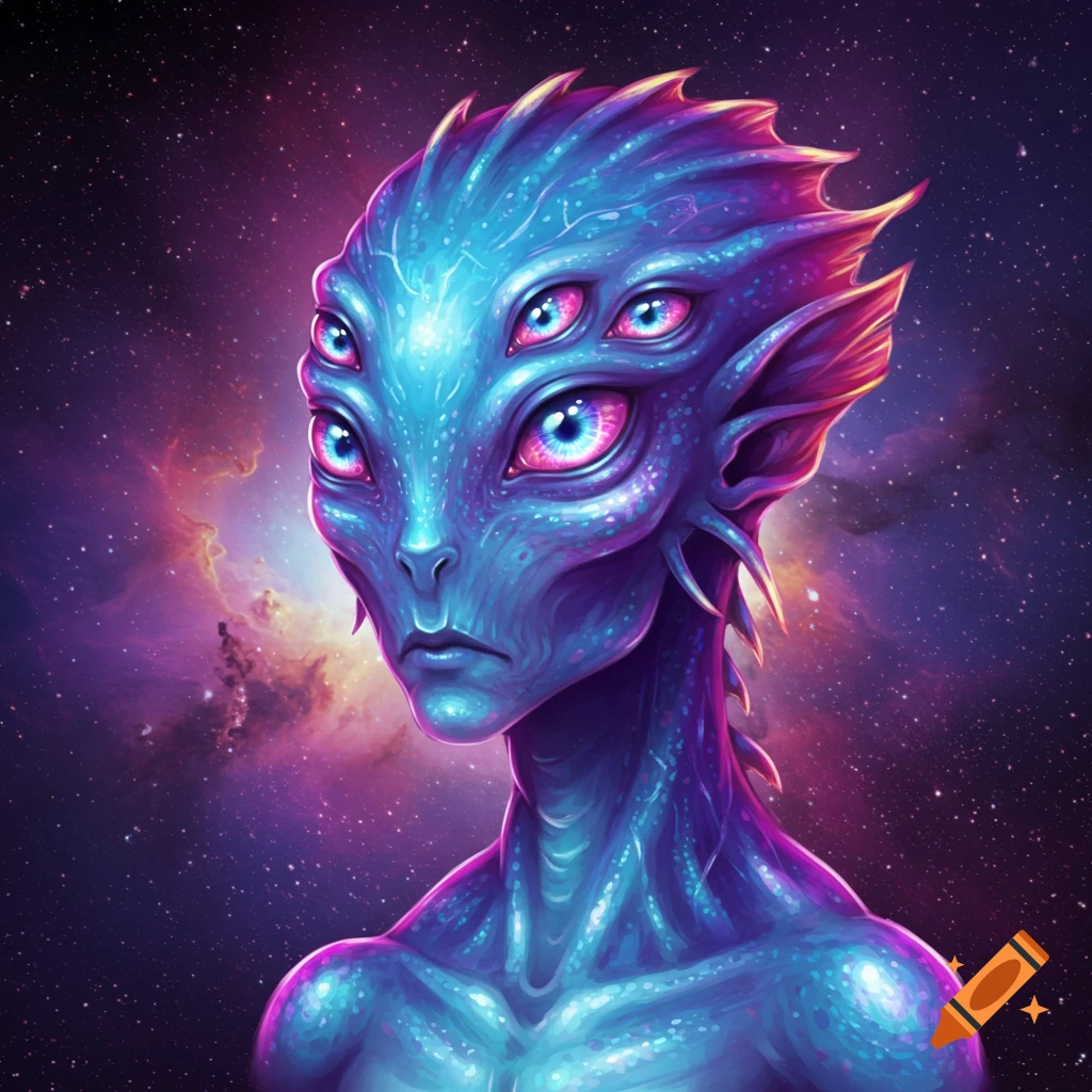 A blue alien creature with multiple eyes looks forward against a starry space background illustration.
