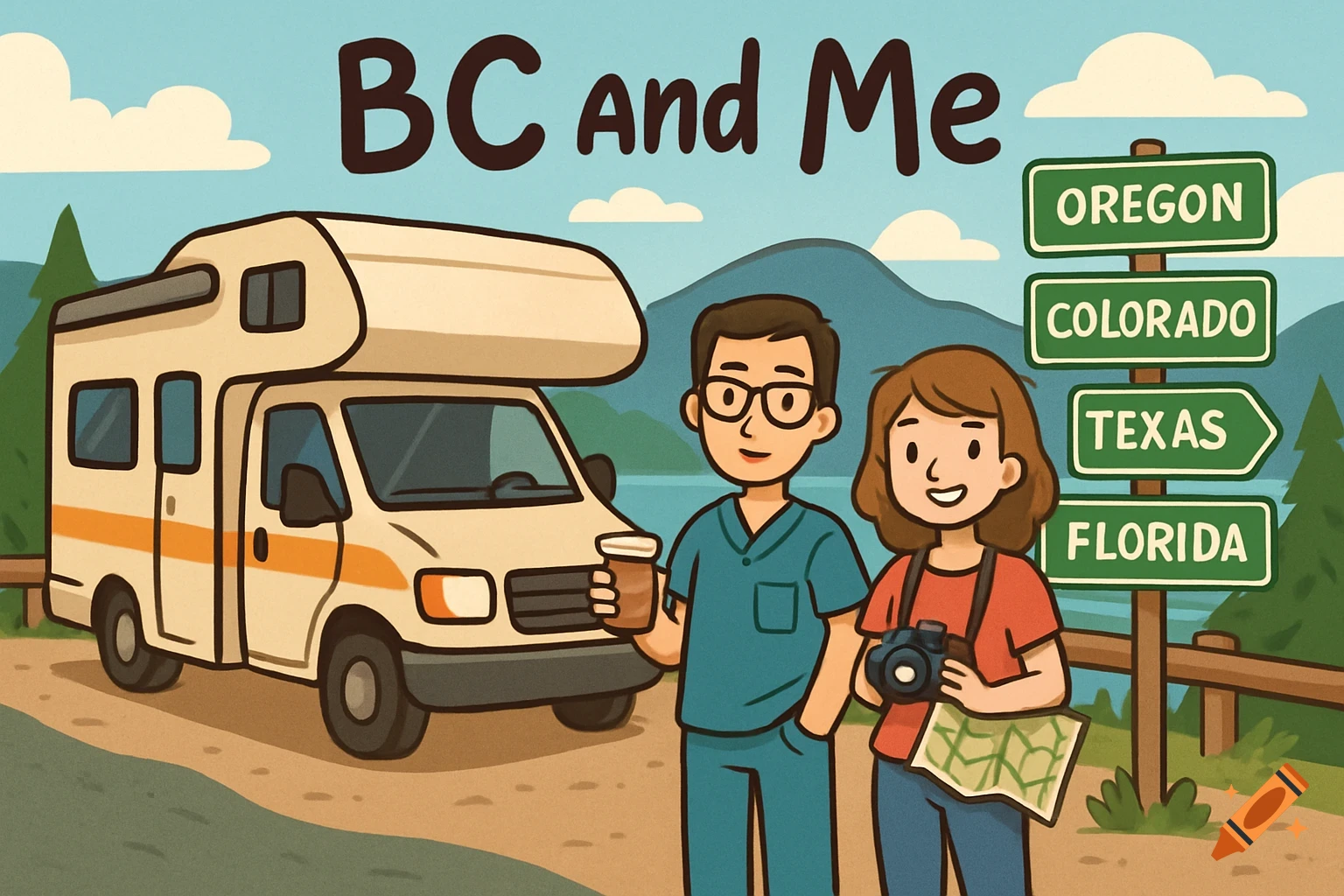 Cartoon couple stands by an RV and US state road signs with text 'BC And Me'