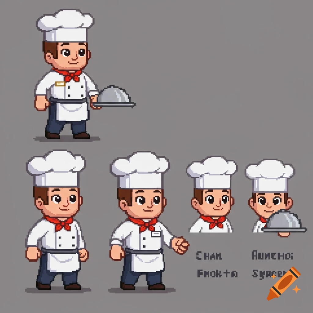 Pixel art sprites of a chef holding a plate