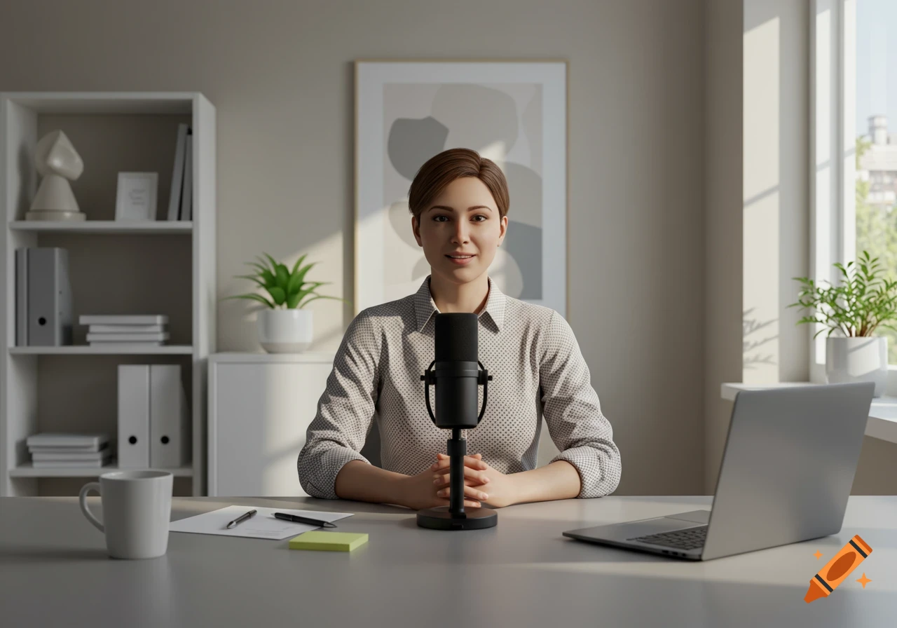 A woman sits at a desk with a microphone and laptop in an office