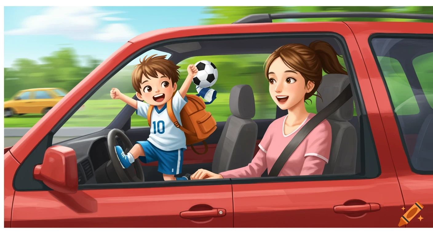 Mother drives son in red car to sports practice, son holds soccer ball.