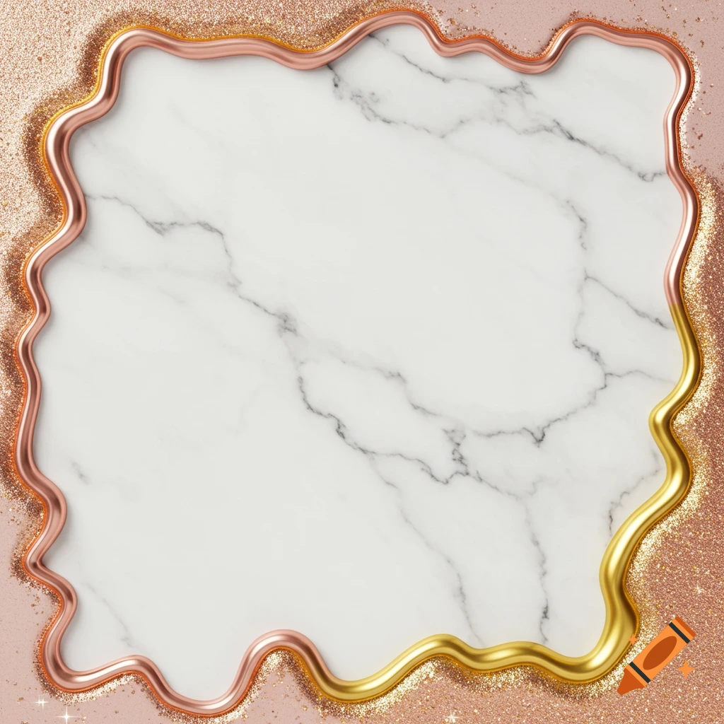 White marble background with a wavy rose gold and gold metallic frame on a sparkly rose gold glitter background.