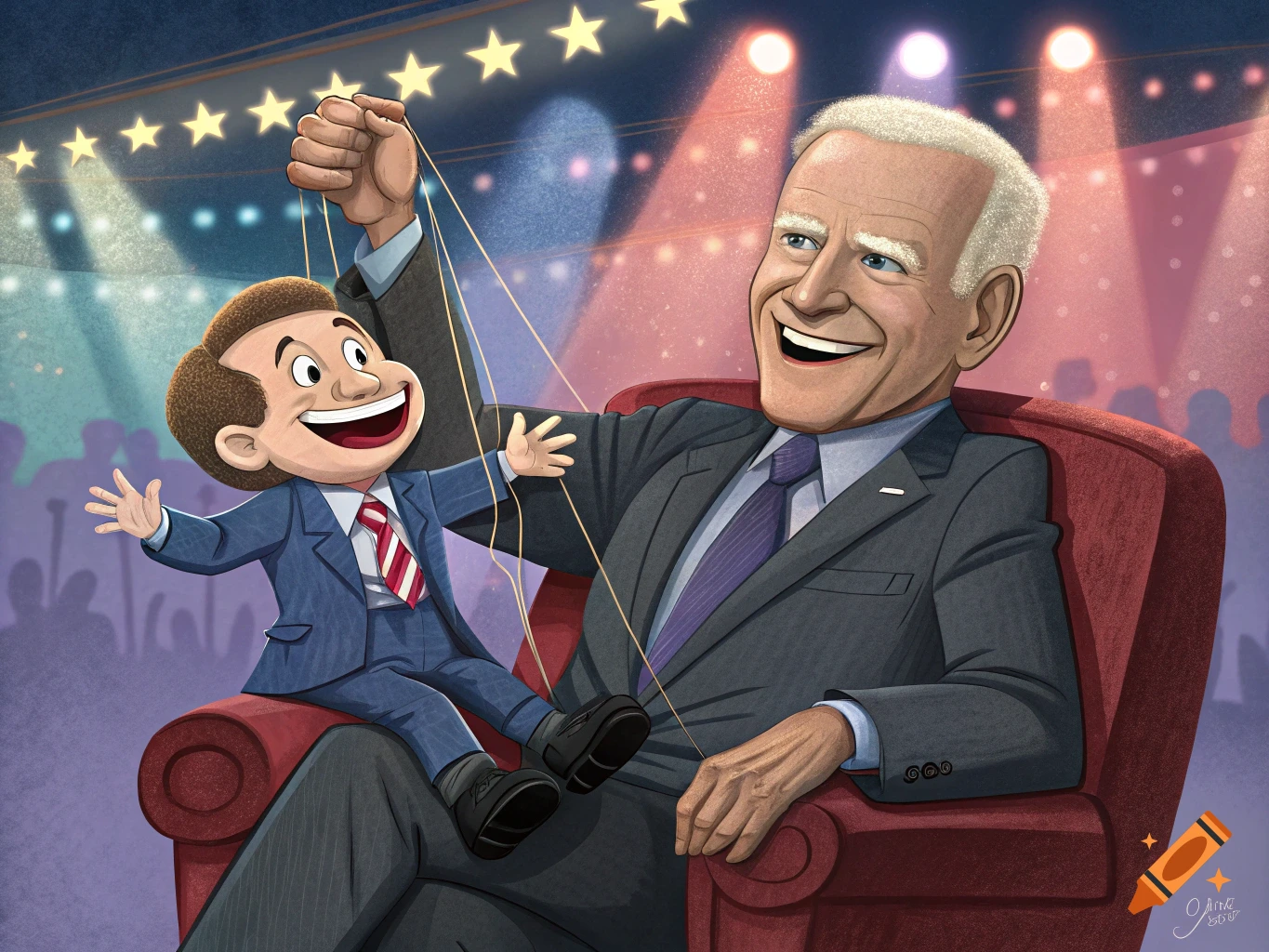 Cartoon illustration of Joe Biden holding a puppet on a stage with spotlights.