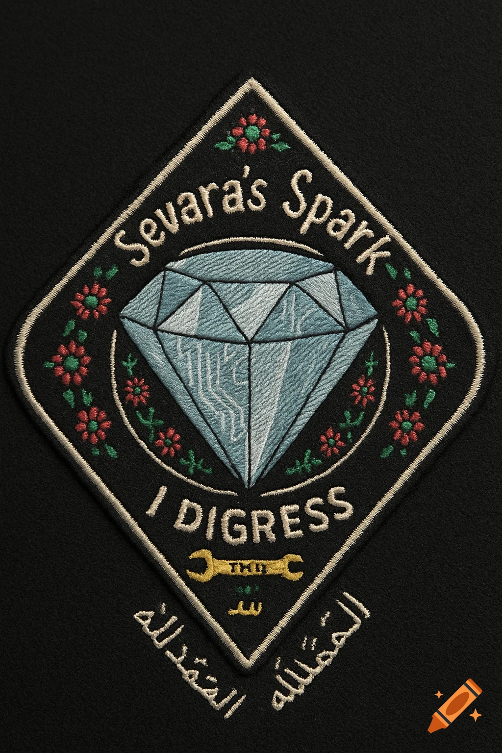 Embroidered diamond-shaped patch with a diamond graphic, text, wrench, and floral details on black fabric.