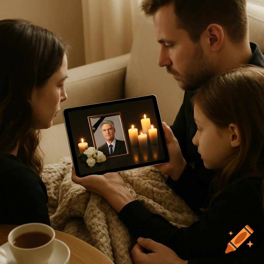 A family watches a memorial on a tablet screen showing a portrait with a black ribbon and candles.