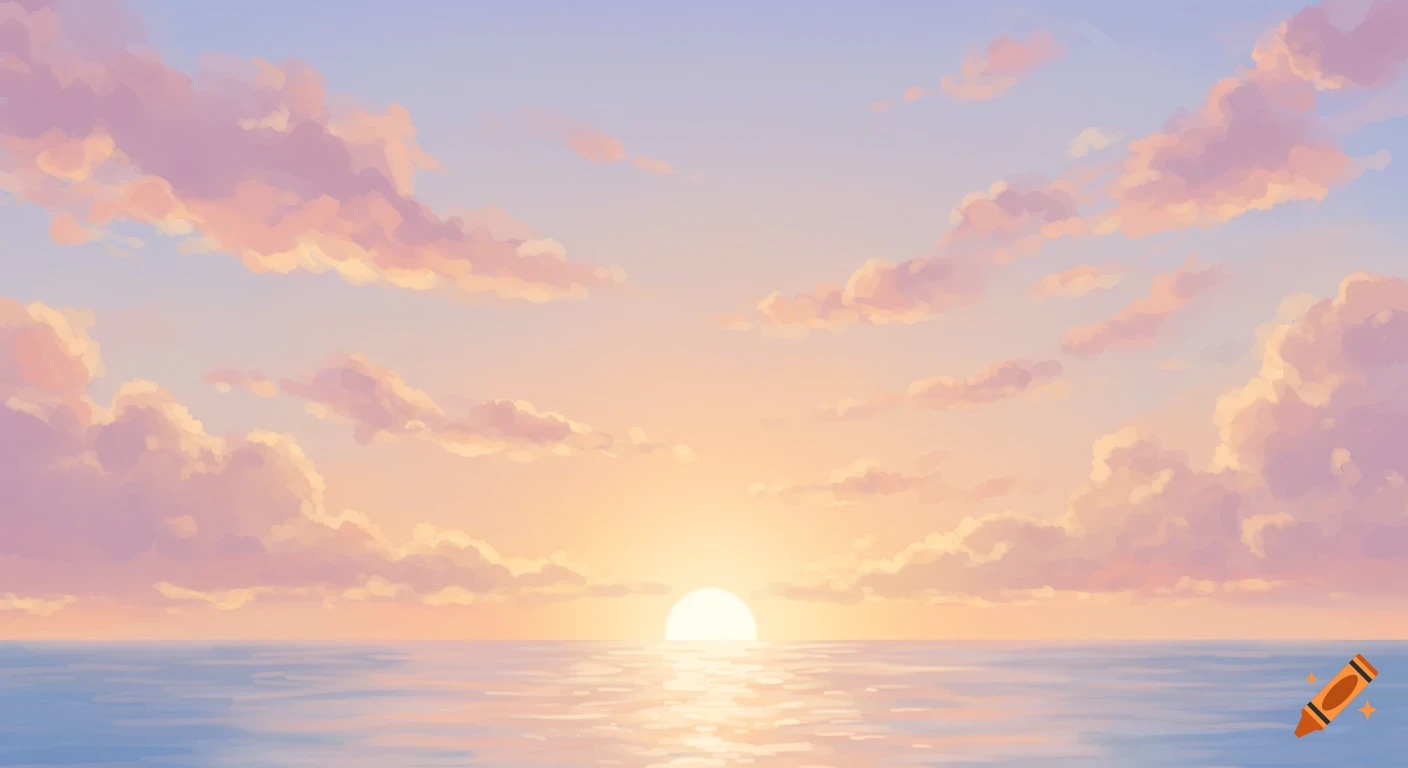 A stylized painting of a sunrise over the ocean with pink and orange clouds.