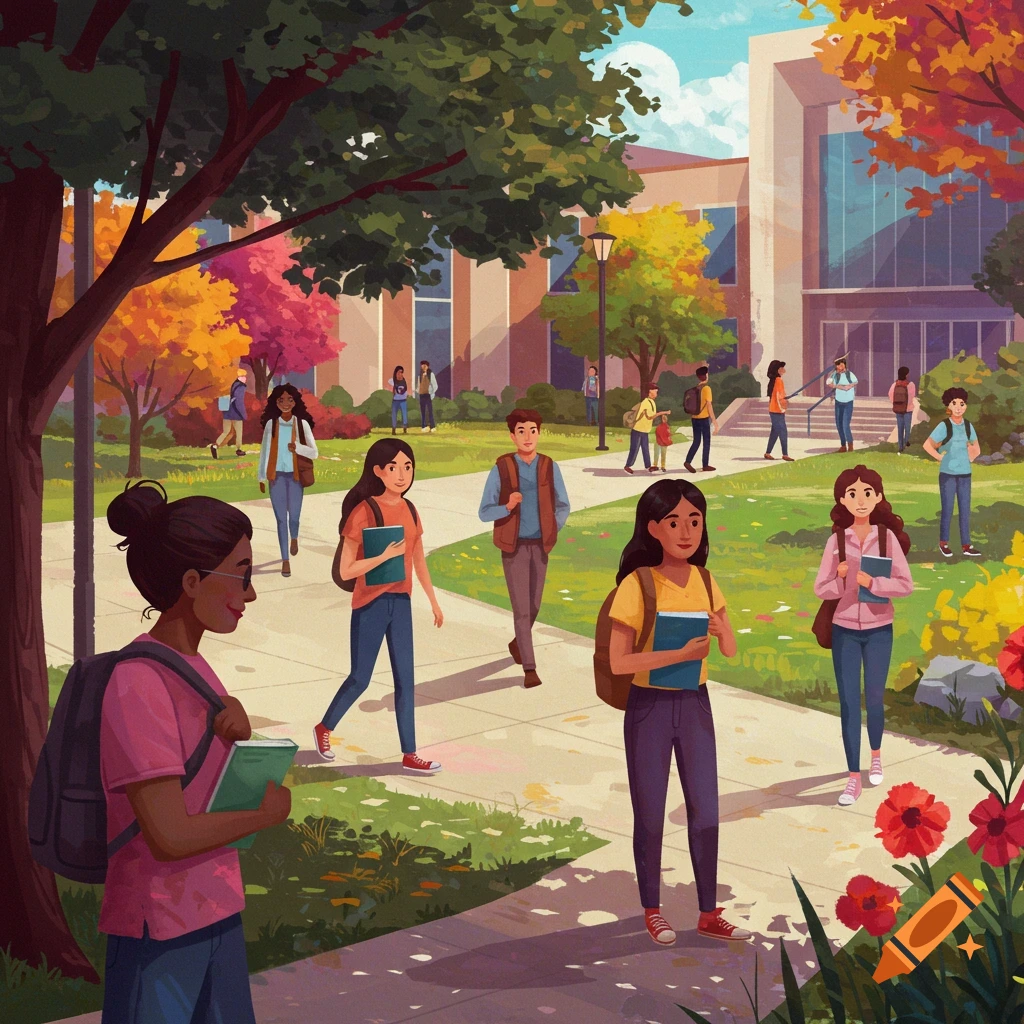 Illustration of students walking on a college campus in autumn.