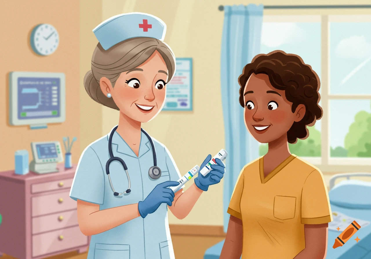 A cartoon illustration of a smiling nurse showing a blood glucose meter to a patient in a hospital room.