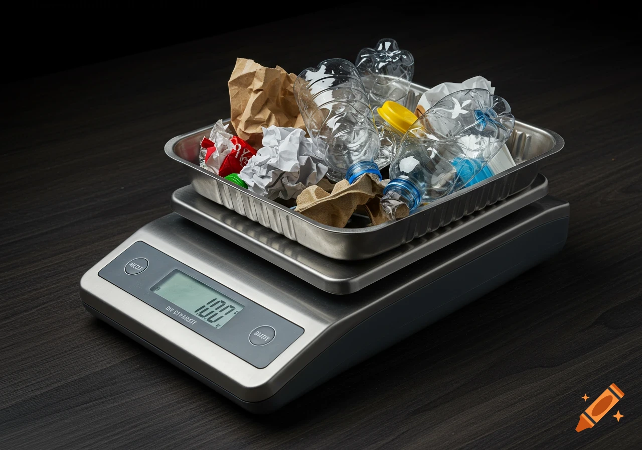 A scale weighing a tray of trash and plastic bottles on a dark wooden table.