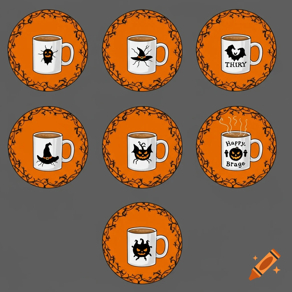 Six orange circles on a grey background, each containing a white coffee mug with a simple Halloween design like a witch hat, pumpkin face, or bat.