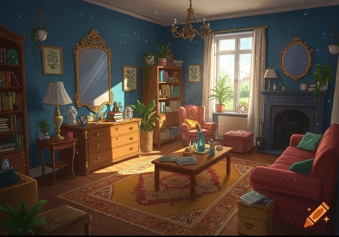 A cozy room with furniture, plants, and sunlight streaming through a window.
