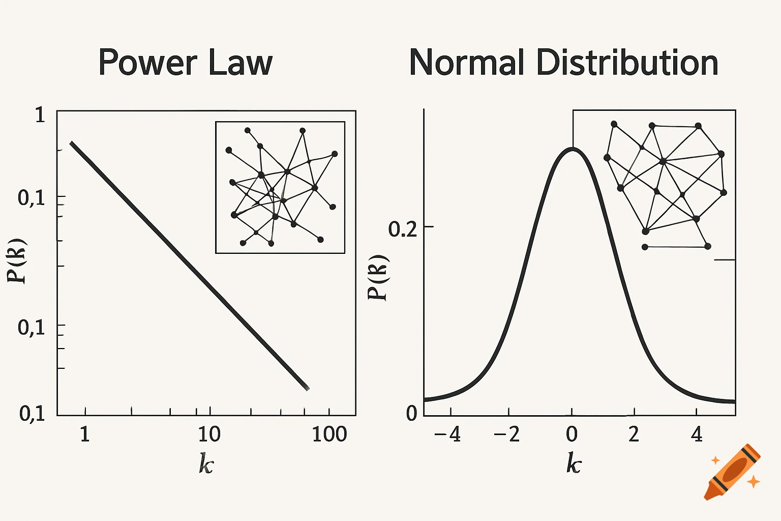 Graphs showing a power law distribution and a normal distribution, each with an inset network diagram.