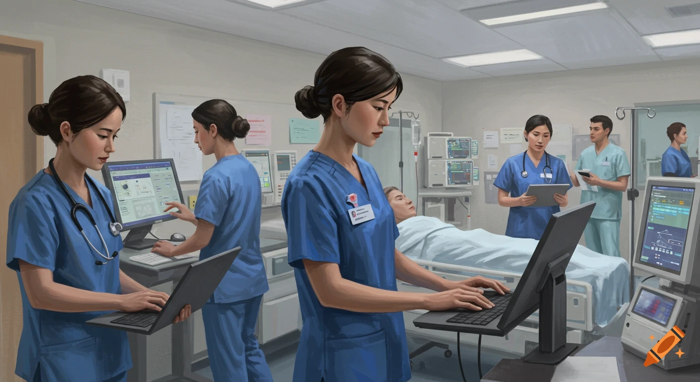 Nurses work with computers and a patient in a hospital room.