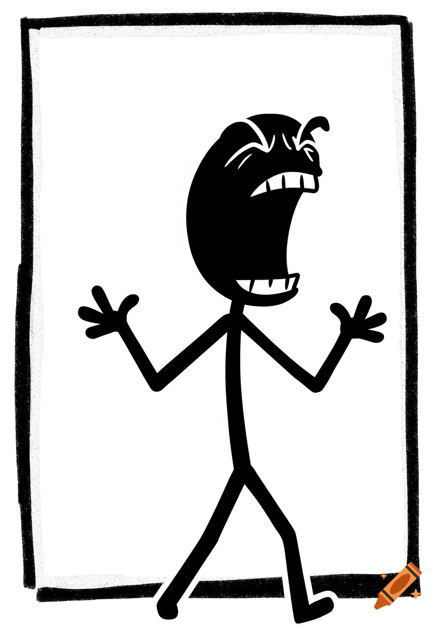 A black stick figure with wide mouth yelling inside a rough white border.