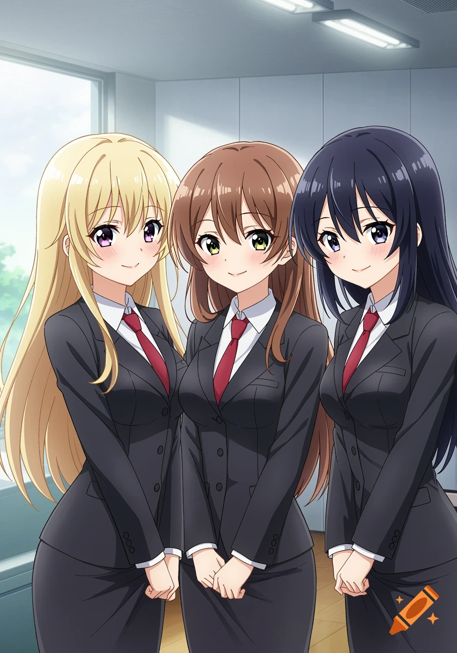 Three anime girls with blonde, brown, and black hair wearing business suits stand together.