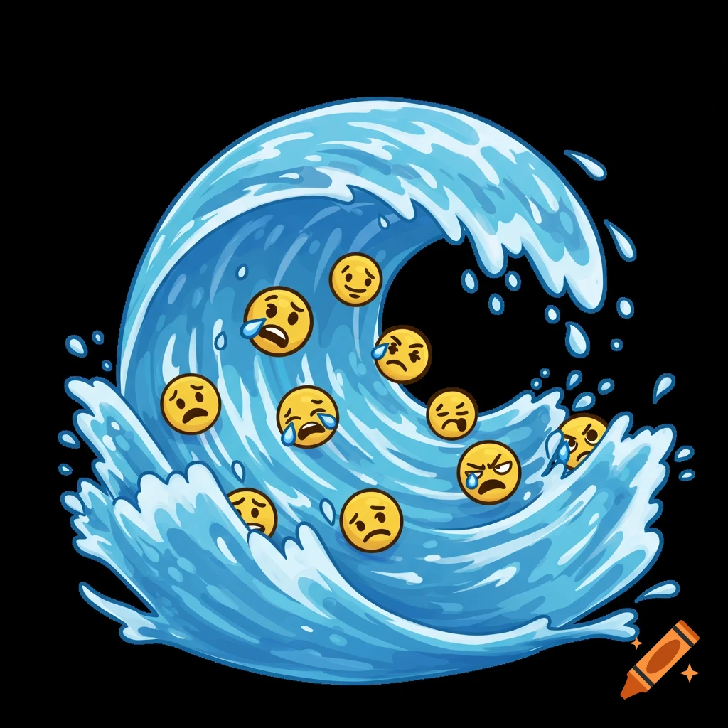 Cartoon illustration of a blue ocean wave with various sad and angry emoji faces caught in the splash.