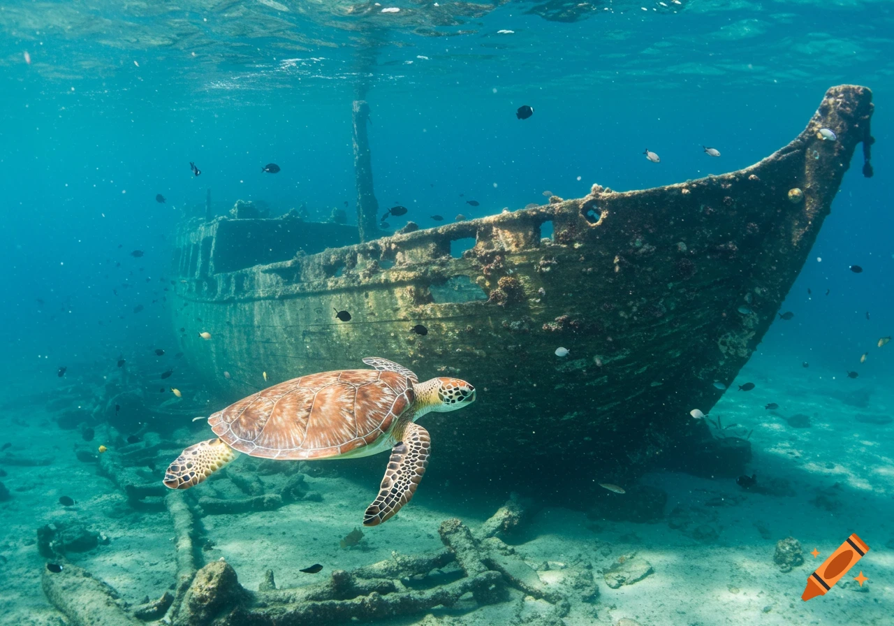 A sea turtle swims in front of a sunken shipwreck underwater.