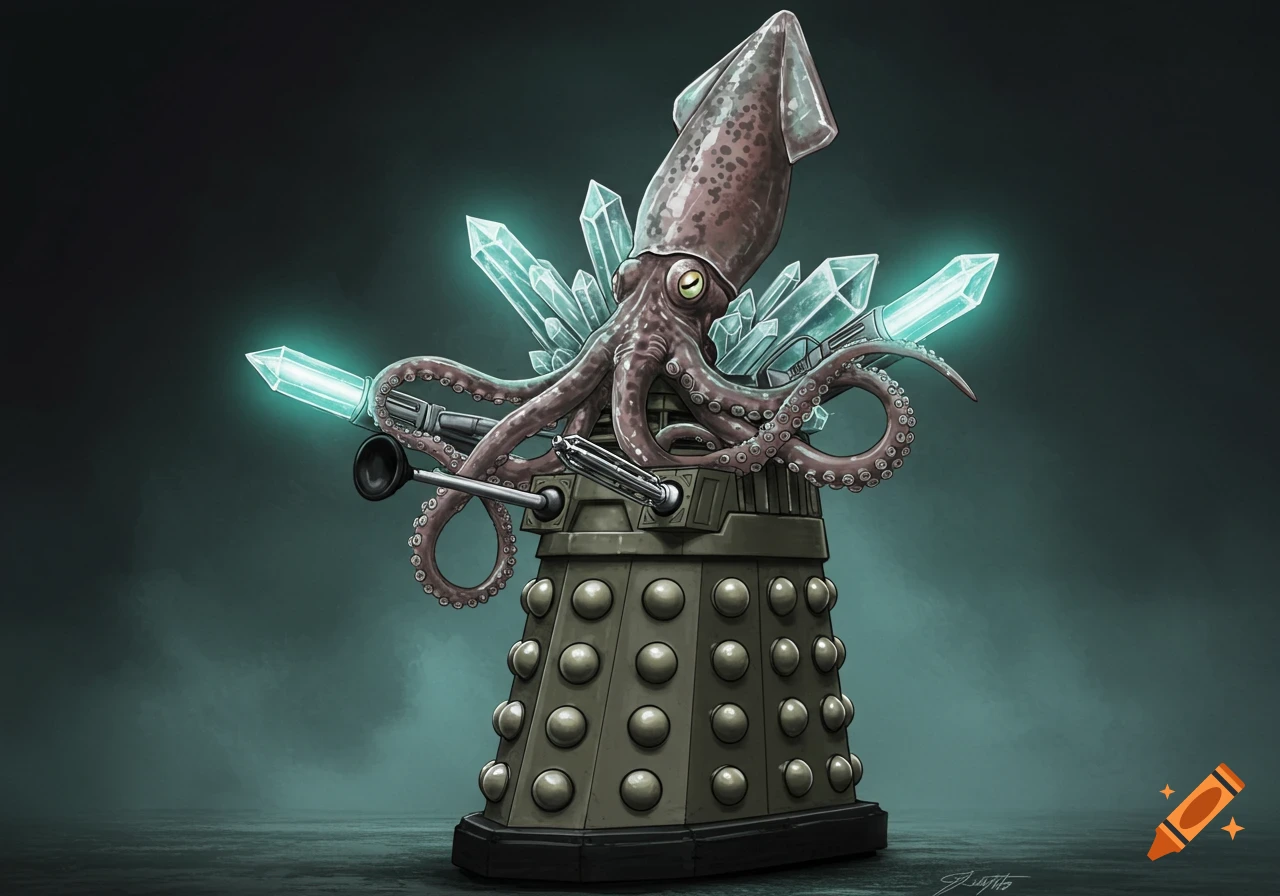 Octopus creature on a Dalek base with crystal weapons
