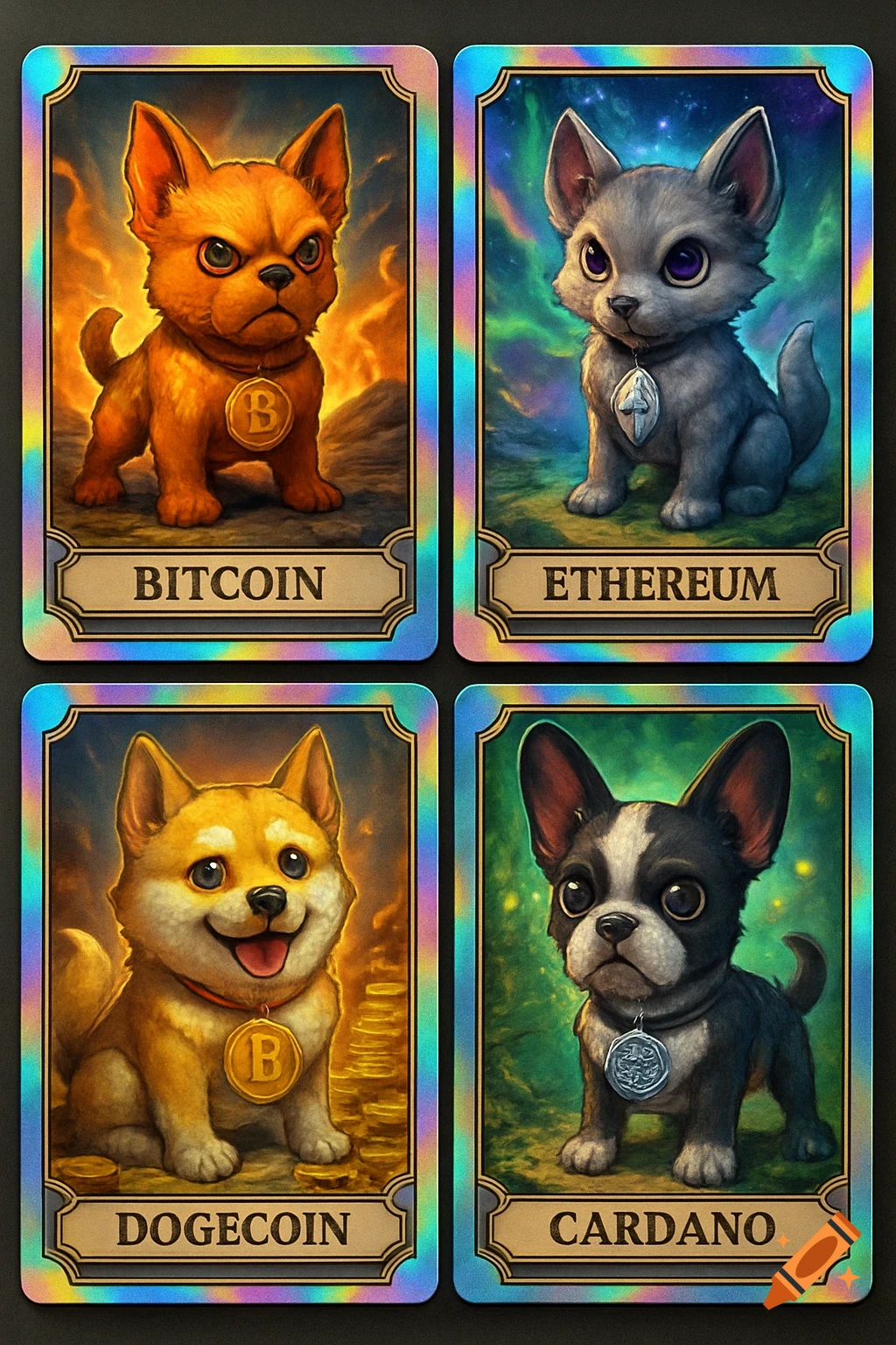 Four fantasy trading cards with cute dog-like creatures for Bitcoin, Ethereum, Dogecoin, and Cardano.