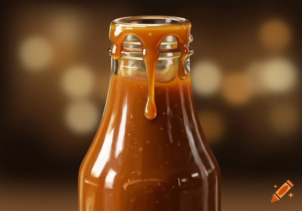 Close-up of a glass bottle with caramel sauce dripping down the sides