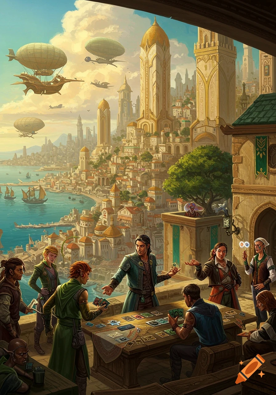 Fantasy cityscape overlooking a bay, with airships flying and people playing a card game on a balcony.