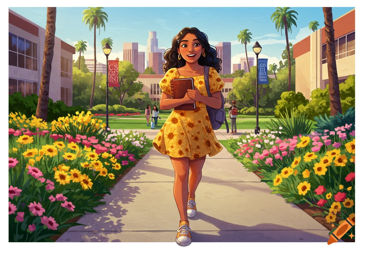 Illustration of a young woman student walking on a college campus path lined with flowers, with buildings and a city skyline in the background.