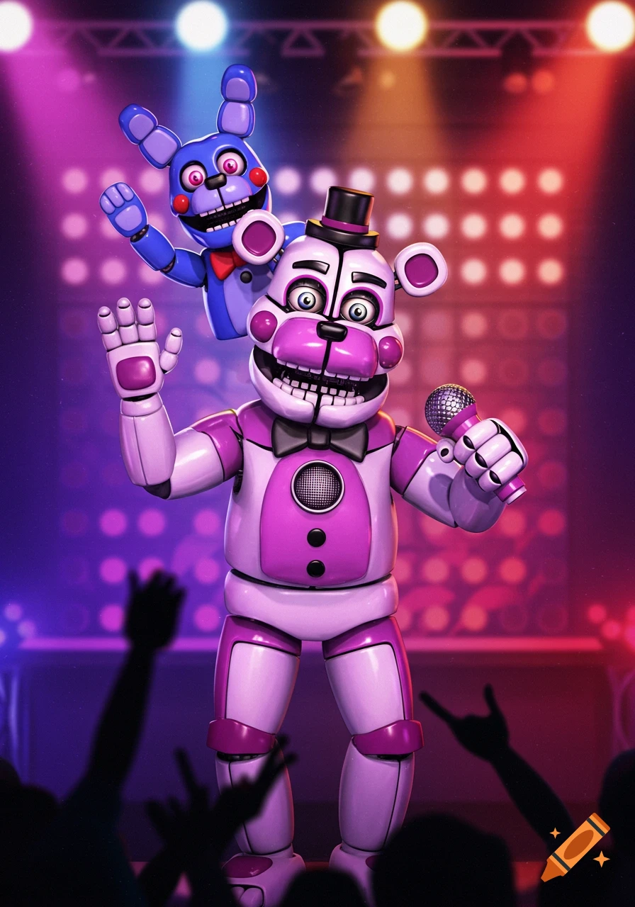 Funtime Freddy with BonBon on his hand performing on a stage with bright lights.