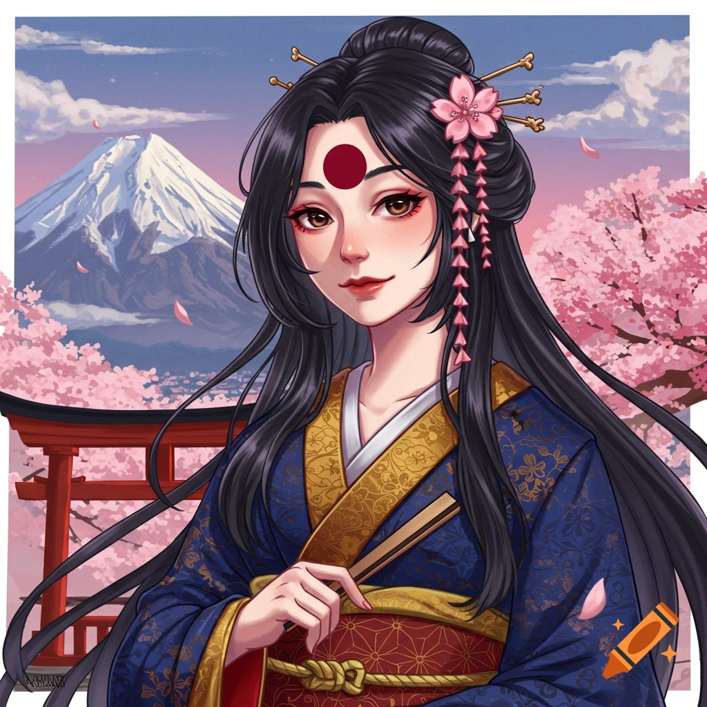 Stylized portrait of a woman personifying Japan in a kimono, with Mount Fuji and cherry blossoms.