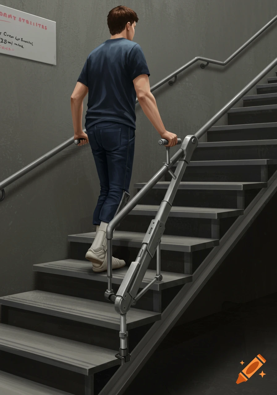 Person climbing stairs with a mechanical aid on the handrail.