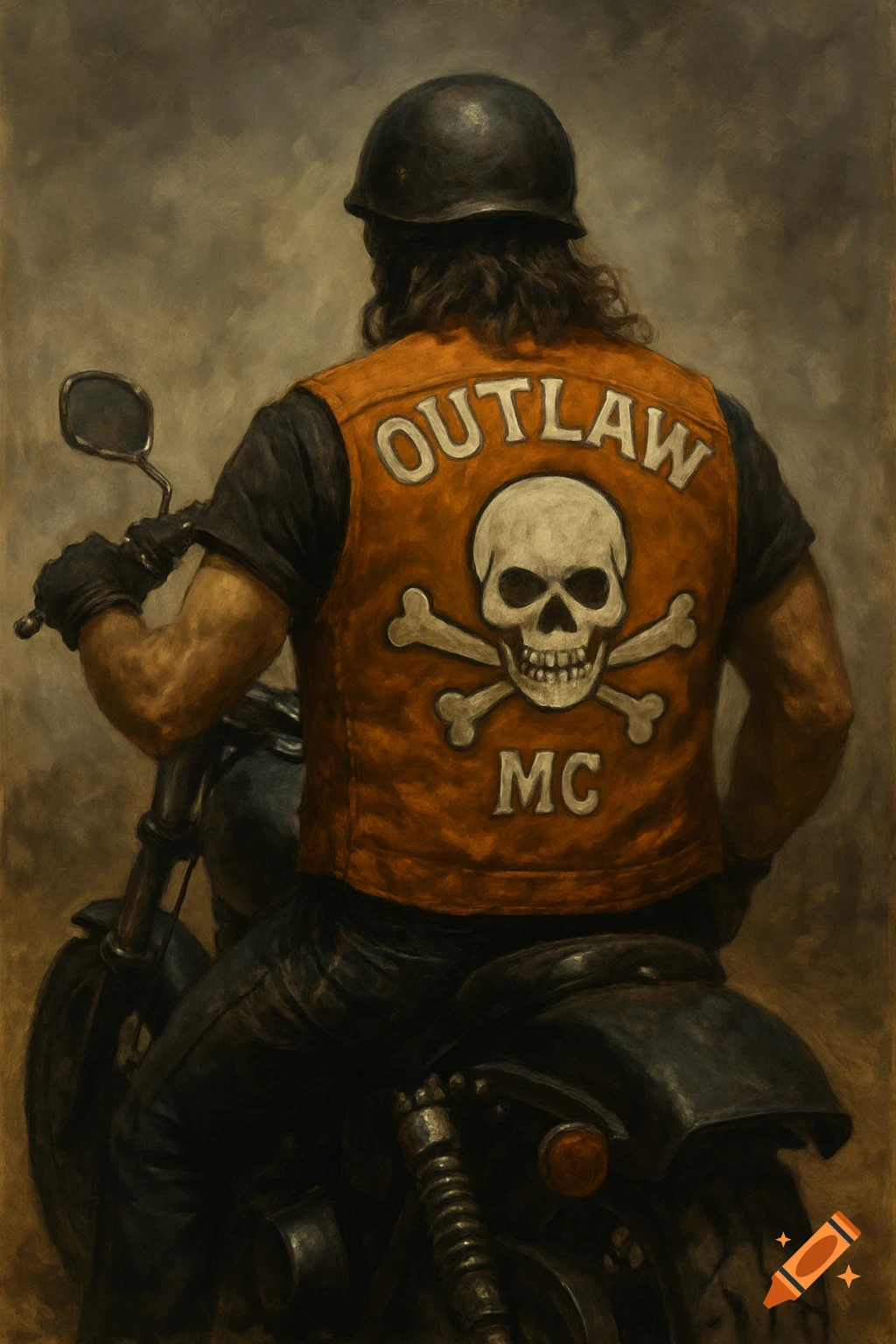 Painting of a biker from behind wearing an orange vest with 'OUTLAW MC' and skull and crossbones on a motorcycle.