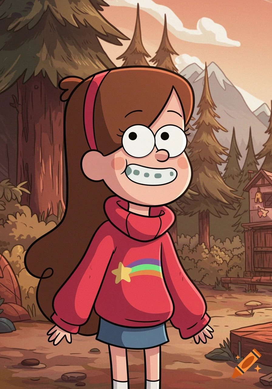 Cartoon portrait of Mabel Pines from Gravity Falls smiling in a forest setting with a cabin.