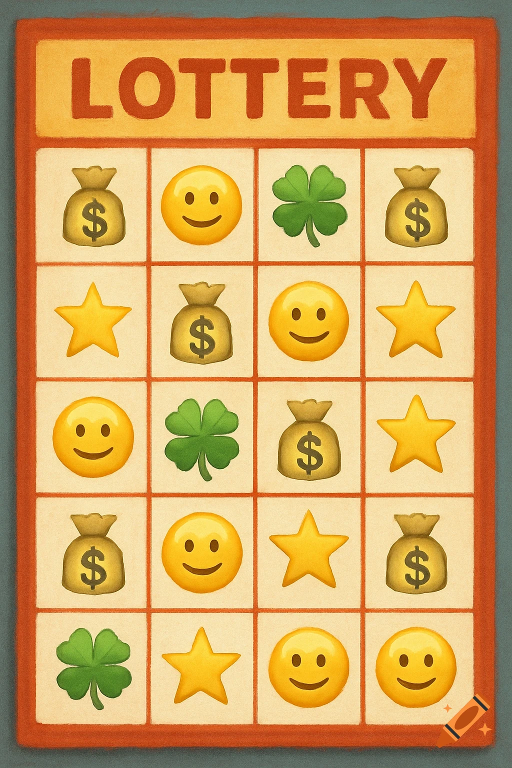 A lottery ticket with squares showing money bags, smiley faces, stars, and clovers. The top says 'LOTTERY'.