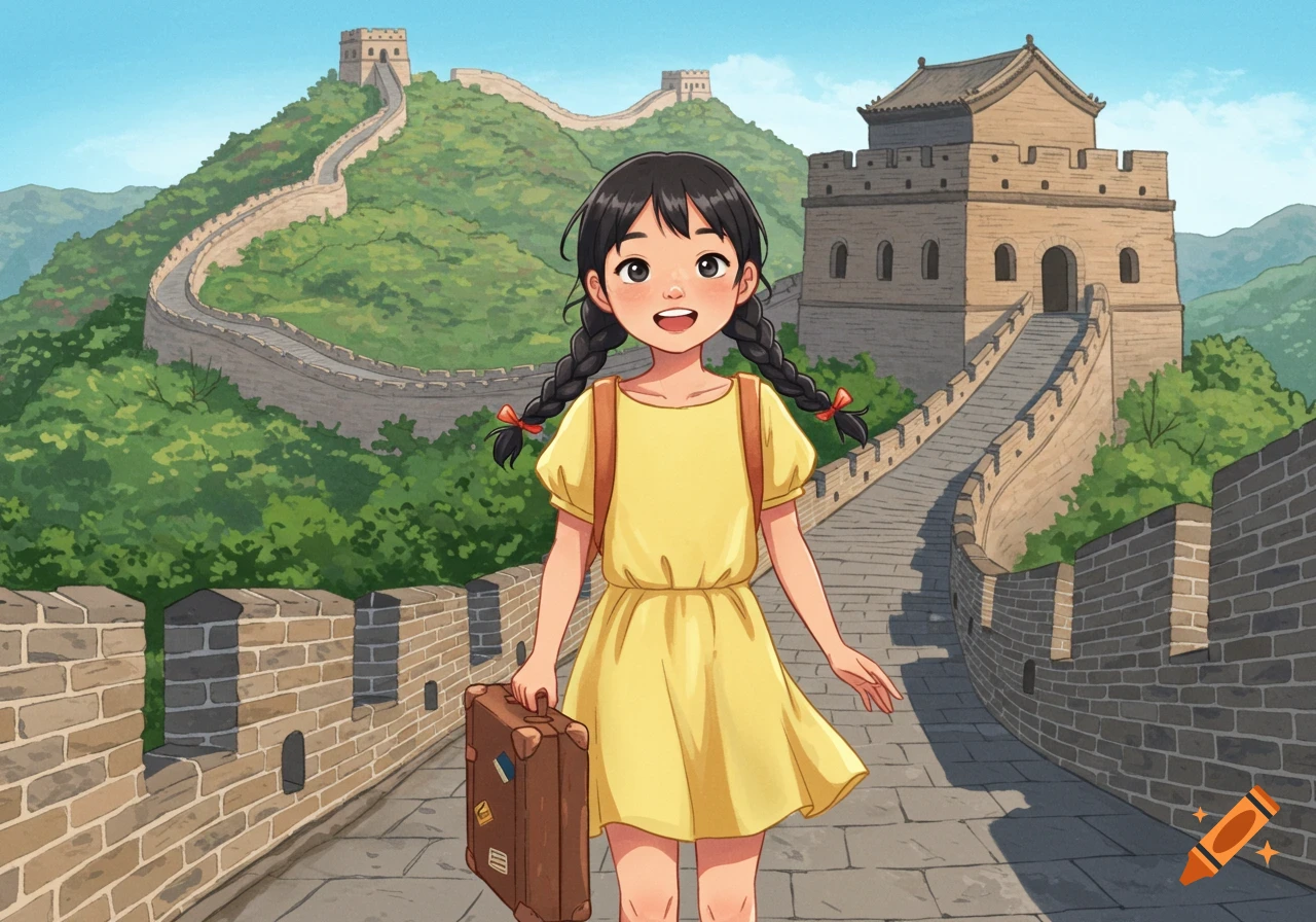 An anime illustration of a girl in a yellow dress holding a suitcase on the Great Wall of China.