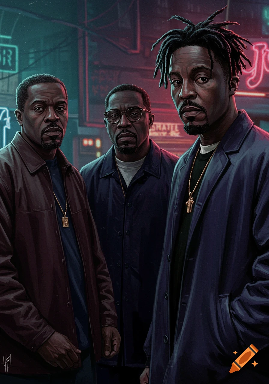 Three men on a dark urban street at night under neon lights, digital painting.