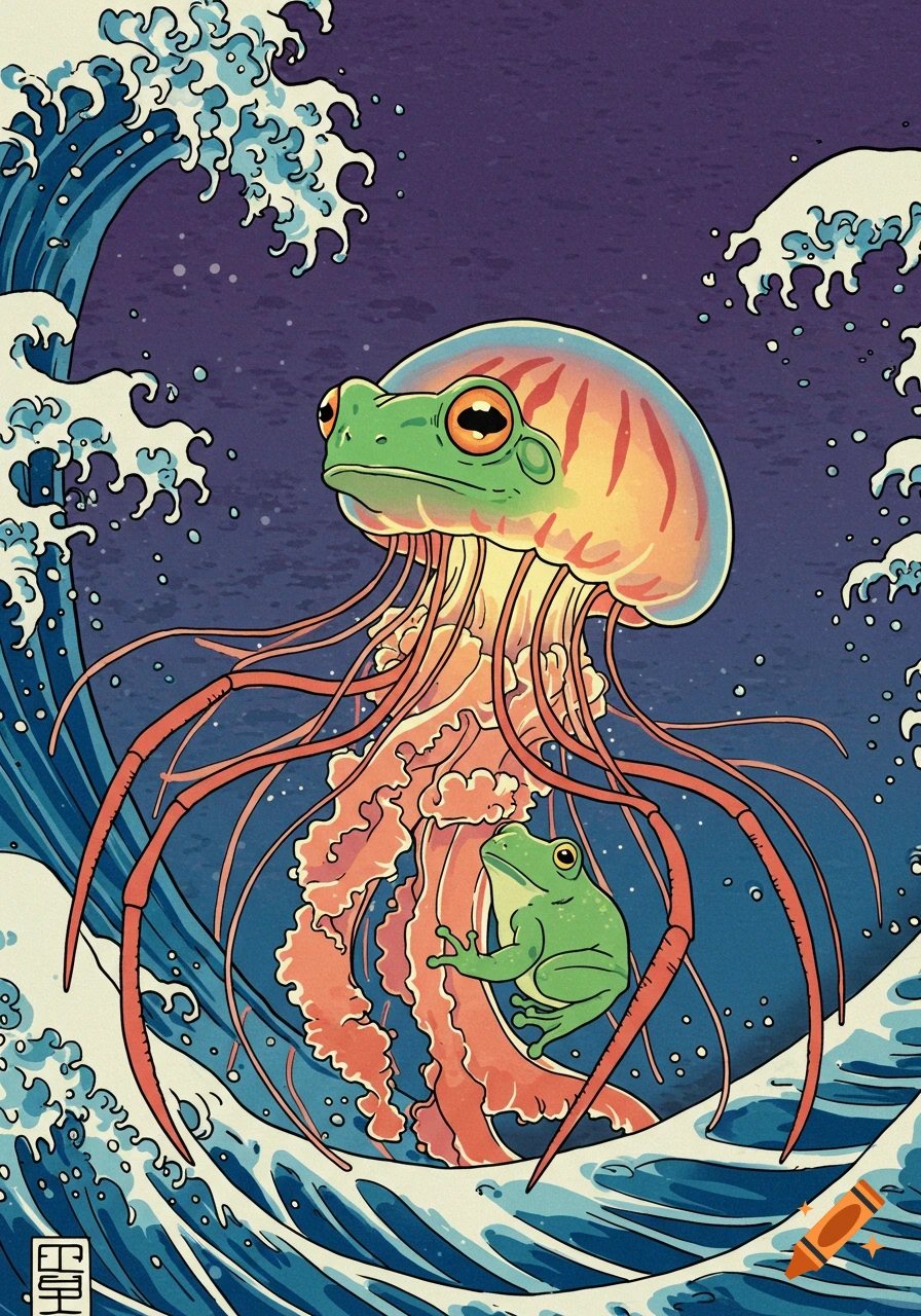 Illustration of a frog and jellyfish riding waves in a Japanese Ukiyo-e style.