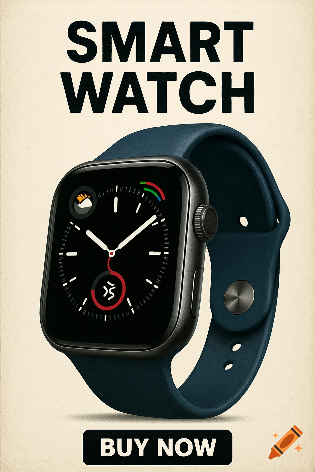 Smart watch advertisement with 'SMART WATCH' and 'BUY NOW' text
