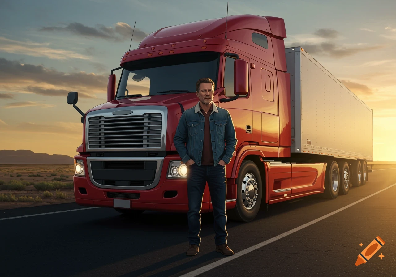 Man stands next to a red semi-truck on a road at sunset.