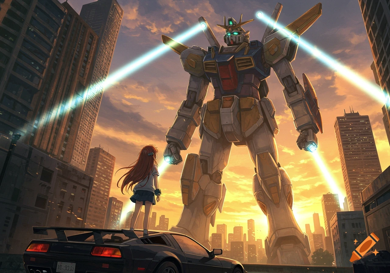 An anime girl stands on a black car looking up at a massive mech in a city at sunset.
