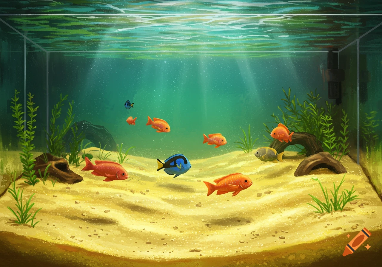Illustration of a fish tank with various colorful fish swimming over sand and plants.