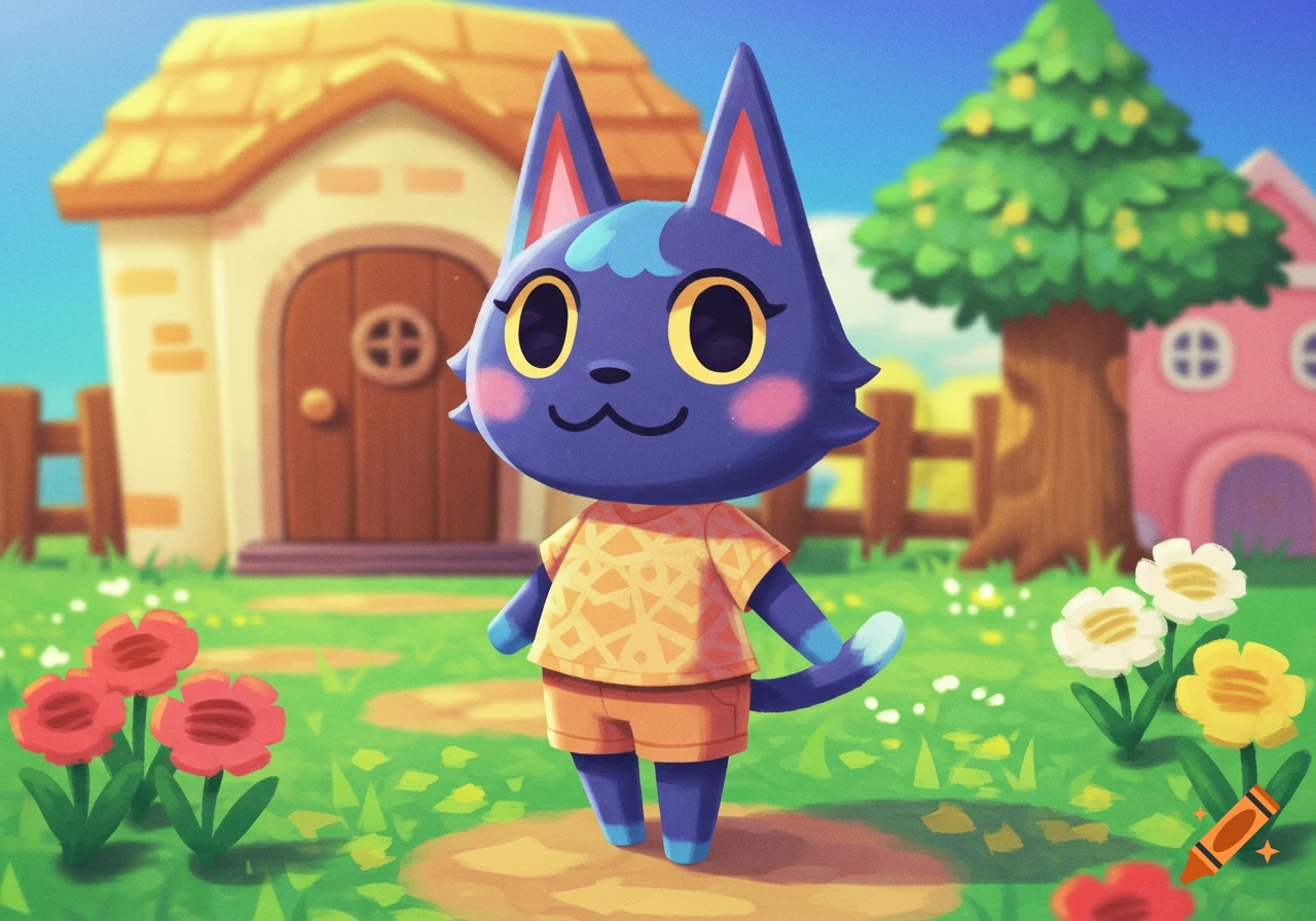 A blue cat character in the style of Animal Crossing stands outside a house.