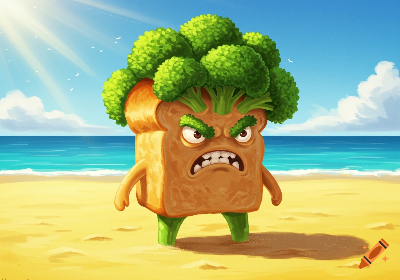Angry cartoon bread character with broccoli hair on a sunny beach.